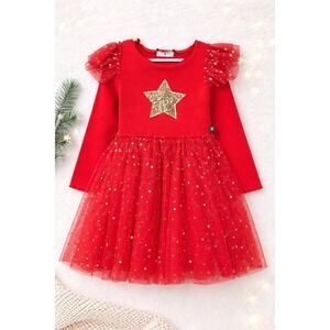 Petite Hailey Girls Red Star Tulle Dress Gold Sequin Party Dress